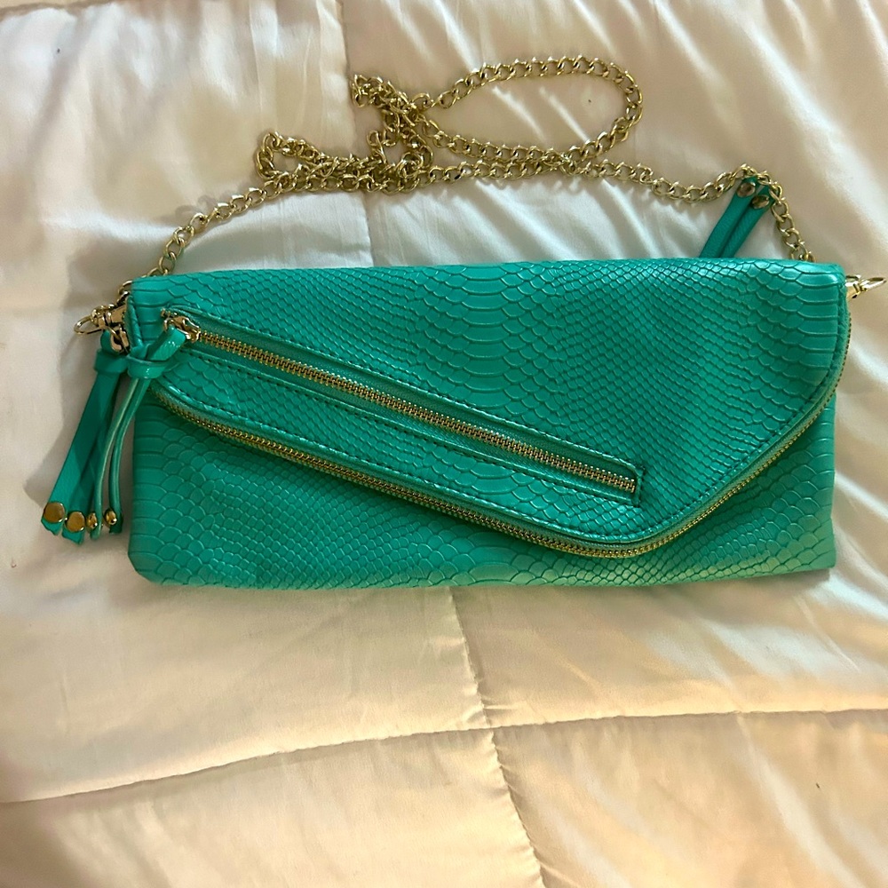 Boutique Envelope Turquoise Clutch with Gold Chain